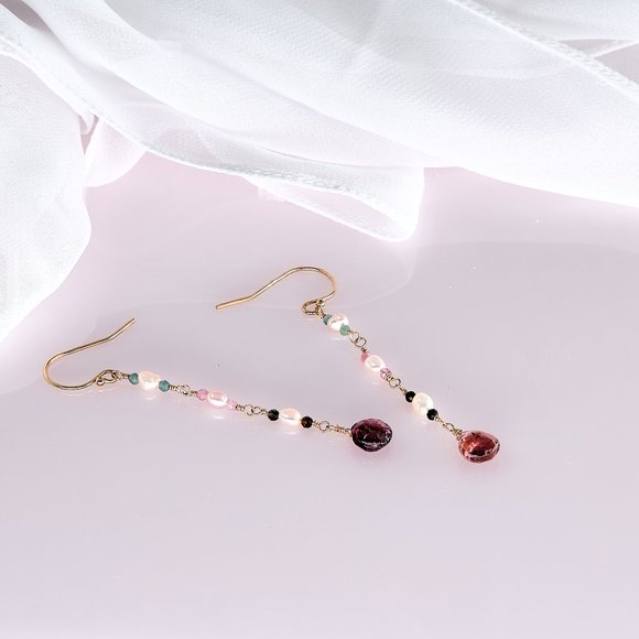 Tourmaline & Small Pearls Dangle Earrings, 14K Gold Filled Dainty Earrings - Picture 7 of 9